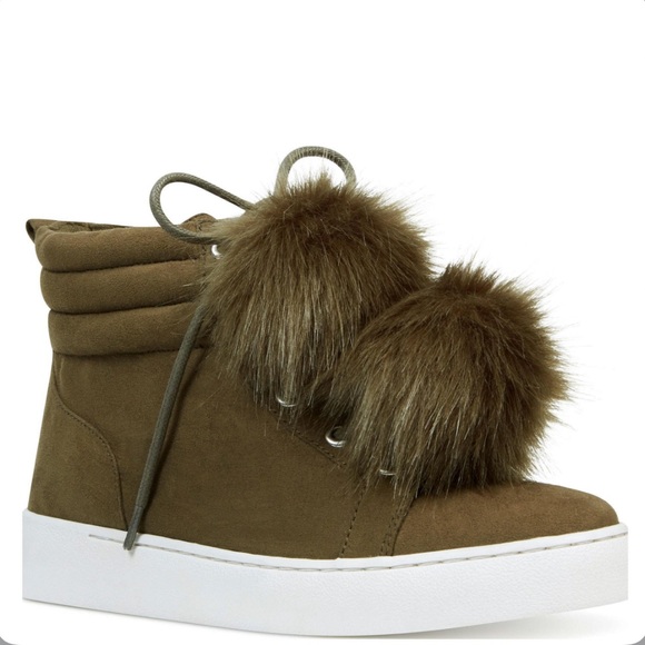 Nine West Faux Suede Pom Pom High Top Sneakers - Picture 1 of 11
